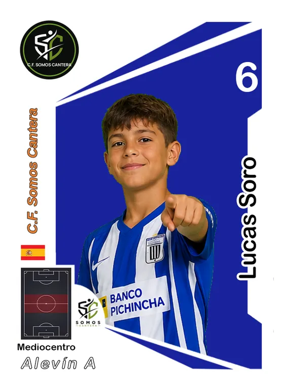 Cromo clásico de un jugador de alevín, mediocentro, dorsal 6