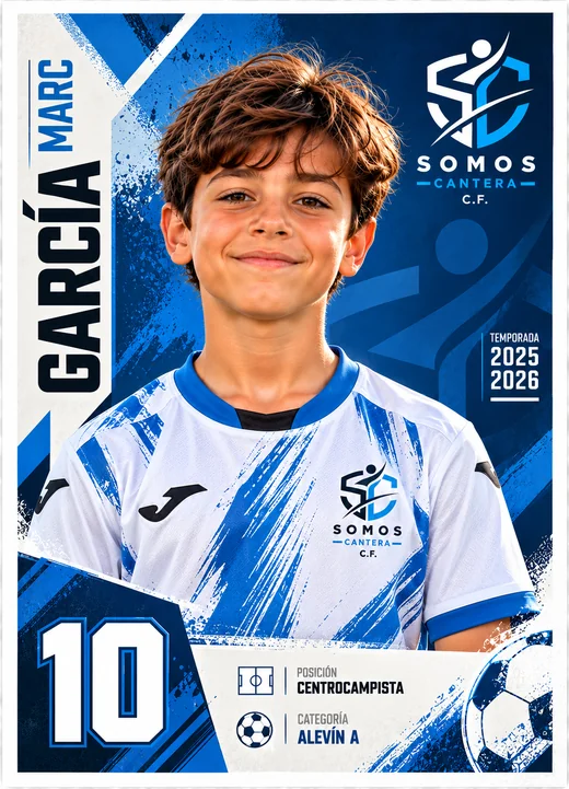 Cromo de Marc García, dorsal 10, centrocampista del Alevín A, diseño azul