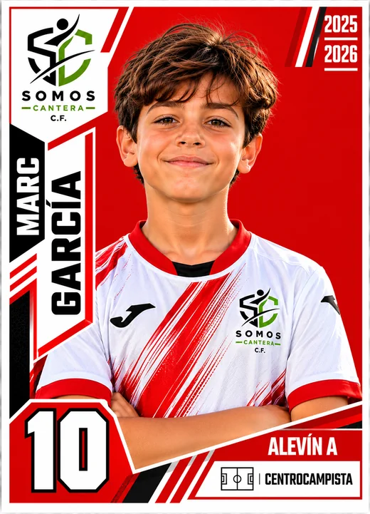 Cromo de Marc García, dorsal 10, centrocampista del Alevín A, diseño rojo